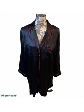 JONQUIL Black Satin Nightshirt w/ Red Trim size large